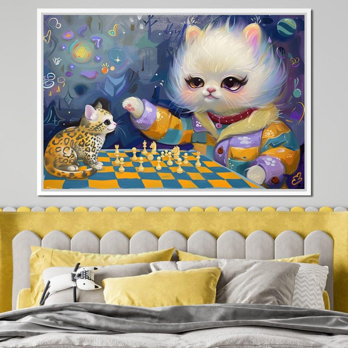 Cats Playing Chess Whimsical Kittens Game Room Kids Room Wall Art