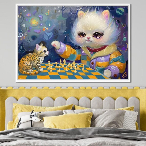 Cats Playing Chess Whimsical Kittens Game Room Kids Room Wall Art