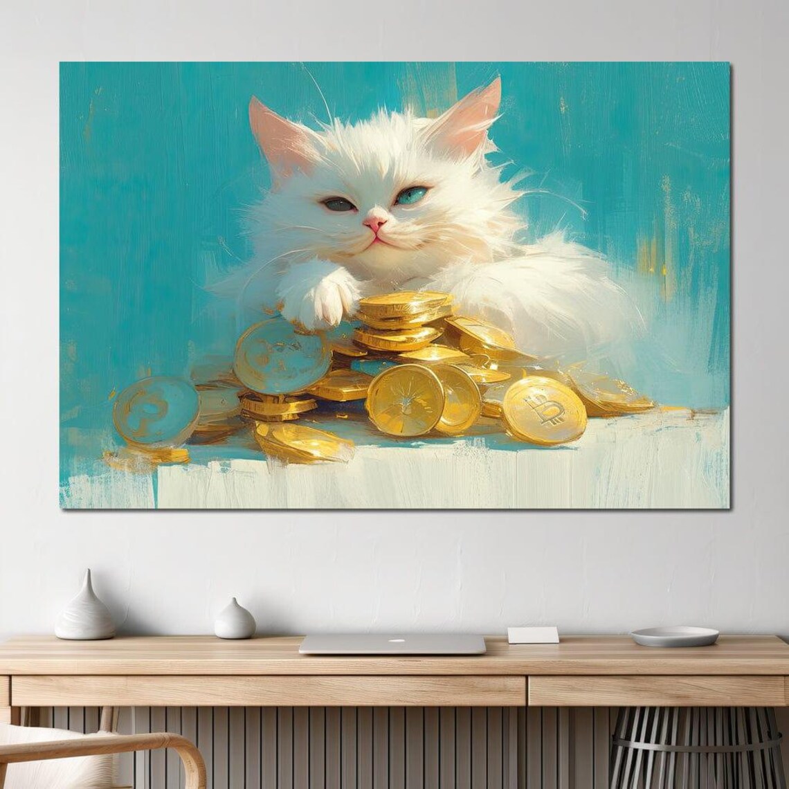 White Lucky Cat Gold Coins Turquoise Background Cute Fortune Kitty Art Poster - Image 3