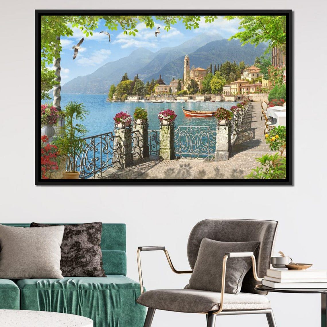 Italian Lake Promenade Villas Mountains Serene Coastal View Poster