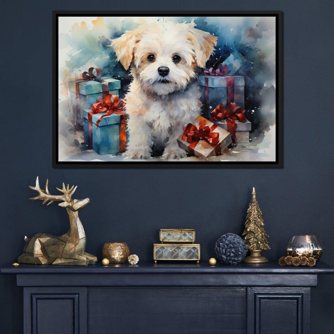 White Fluffy Puppy Christmas Gifts Watercolor Holiday Dog Art Print