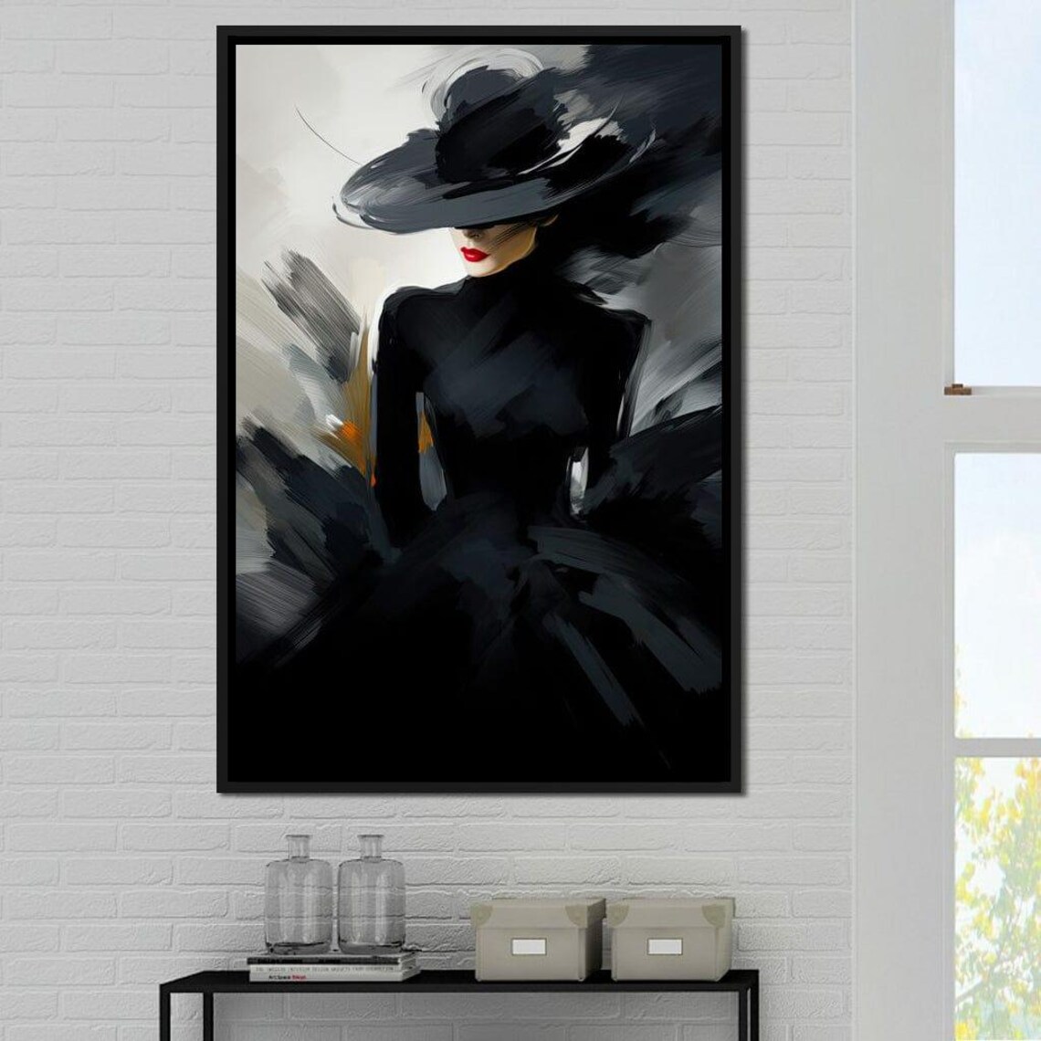 Black White Fashion Woman Wide Brim Hat Red Lips Minimalist Poster