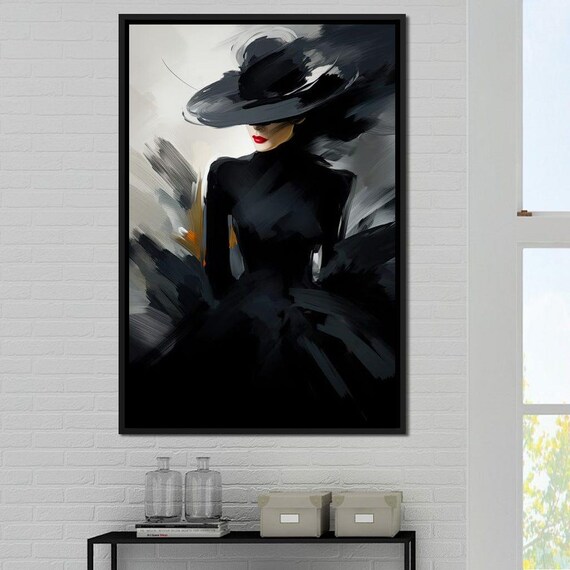 Black White Fashion Woman Wide Brim Hat Red Lips Minimalist Poster