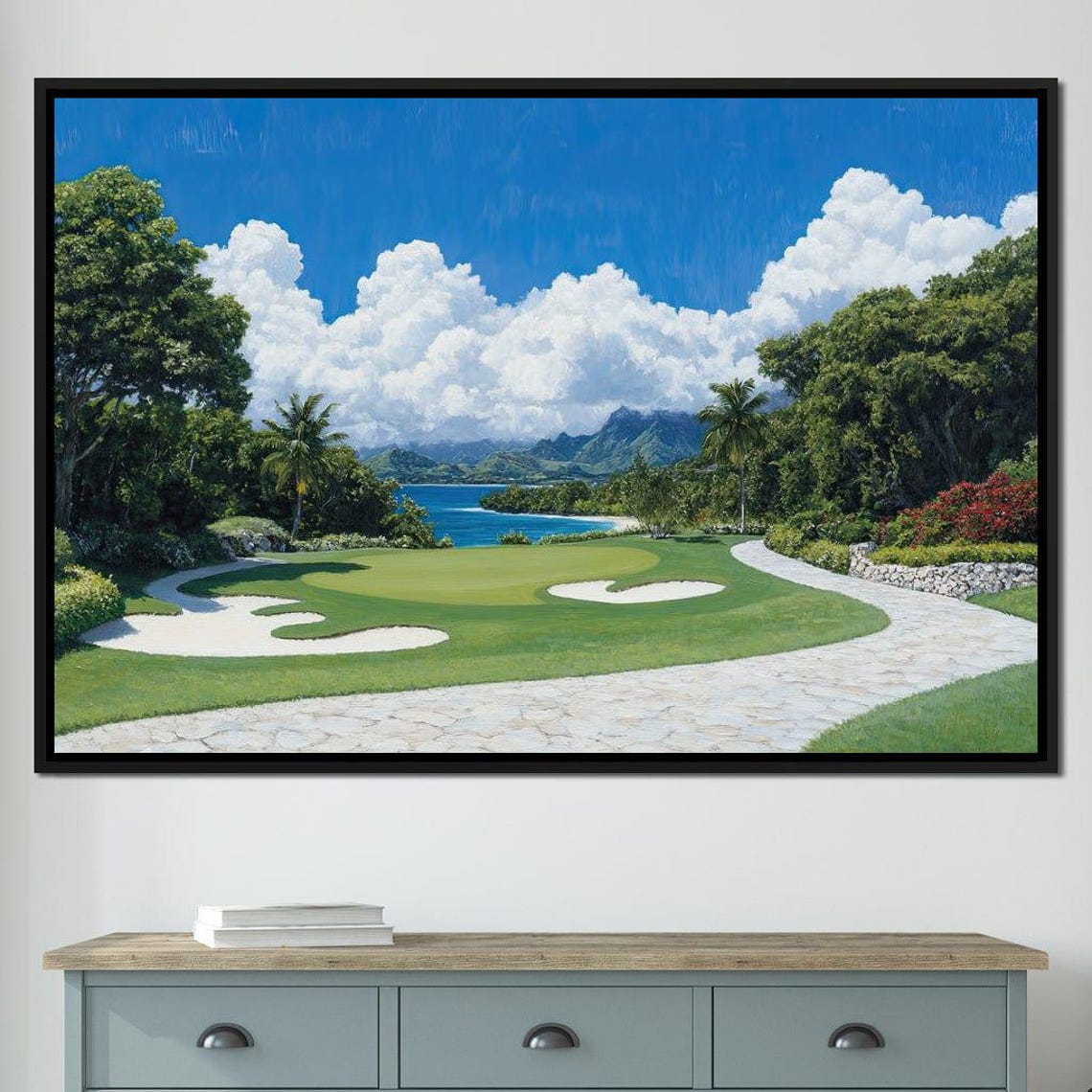 Lush Tropical Golf Course By The Ocean Under White Clouds Poster - Image 4