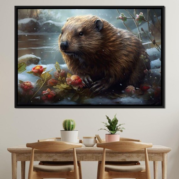 Cute Beaver Winter Snow Stream Red Berries Wildlife Animal Art Print