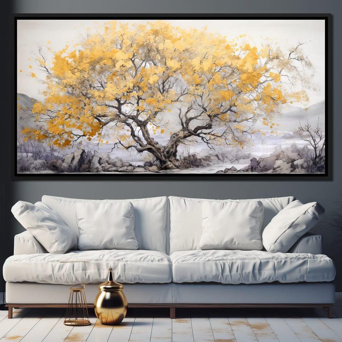 Golden Tree Of Life Misty Mountains Serene Nature Minimalist Wall Art