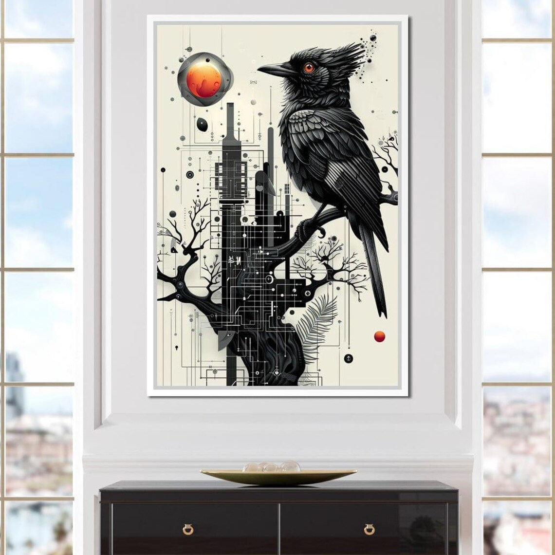 Geometric Black Raven Red Sun Circuit Tree Monochrome Avian Wall Art - Image 2