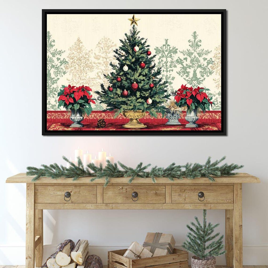 Christmas Tree With Red Ornaments And Poinsettias Mantel Poster - Image 2