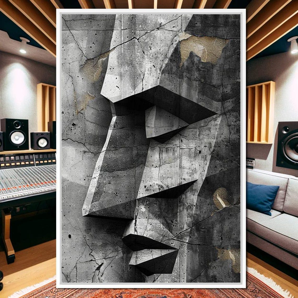 Monochrome Geometric Stone Face Cracked Concrete Texture Art Poster - Image 3
