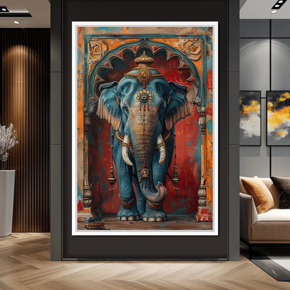 Sapphire Blue Decorated Indian Elephant Gold Jewelry Arch Poster - Image 3