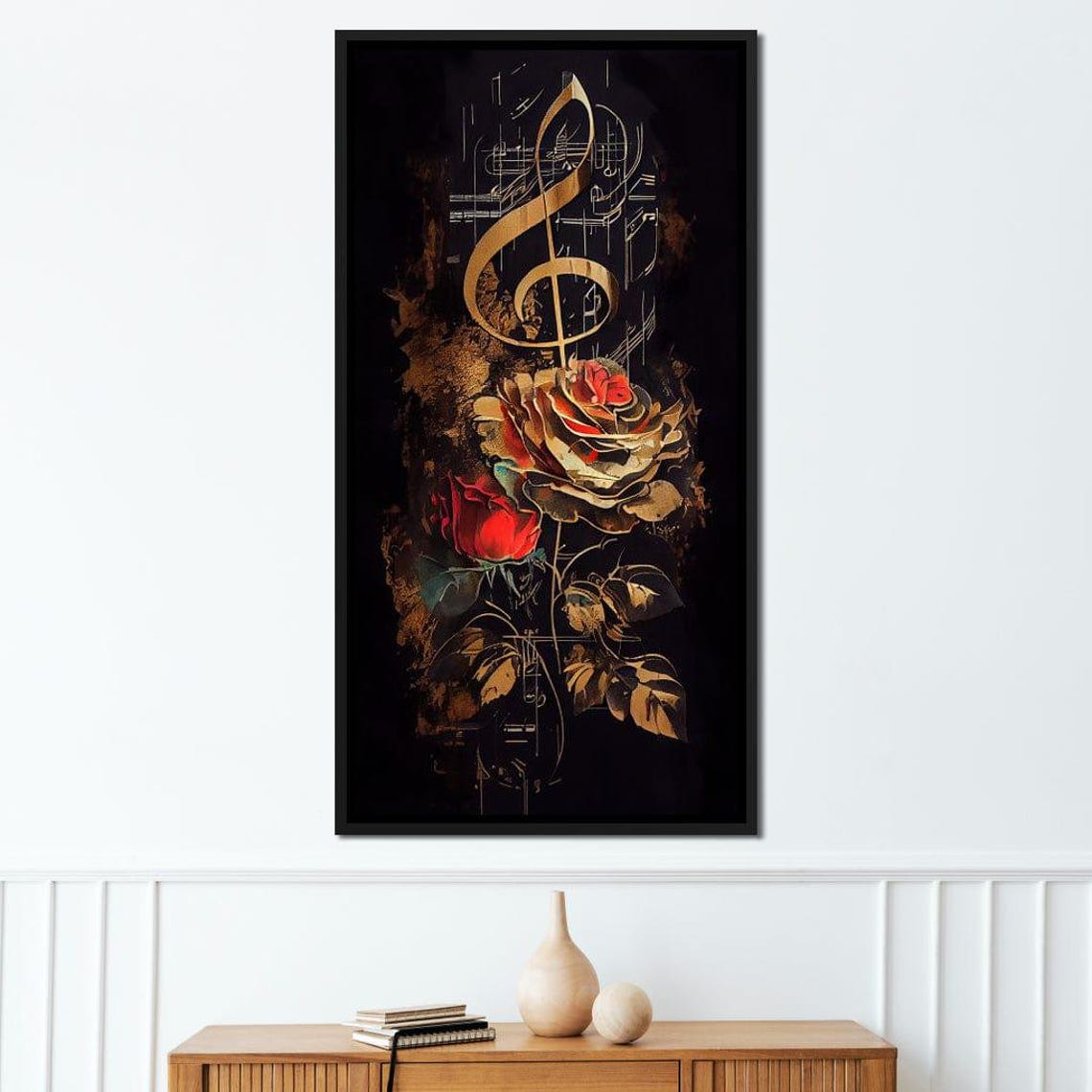Golden Treble Clef Red Roses Sheet Music Dark Classical Poster