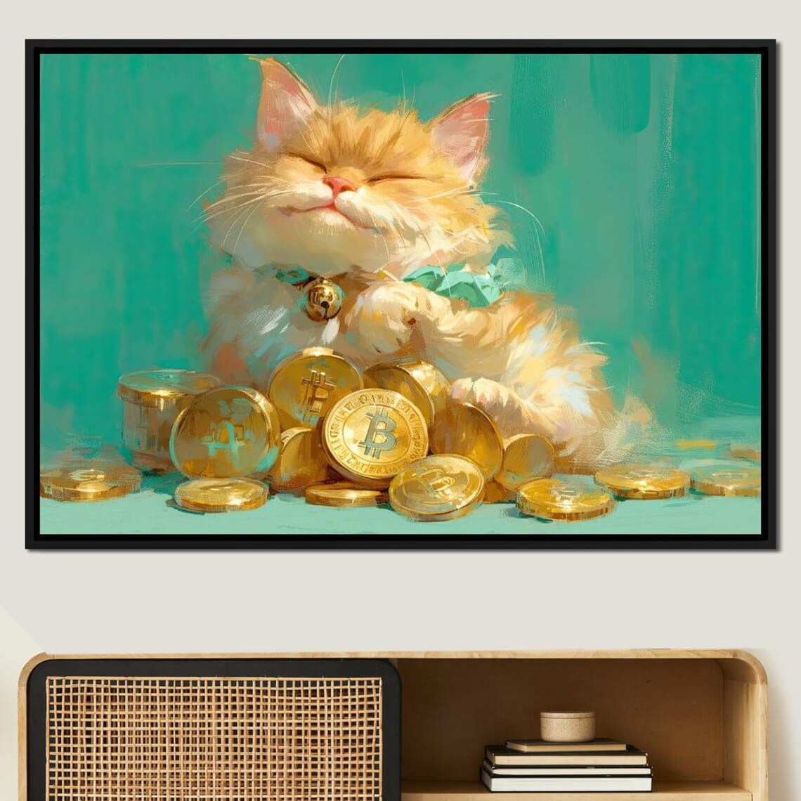 Happy Golden Cat Bitcoin Coins Bell Collar Turquoise Cute Fortune Kitty Poster - Image 3