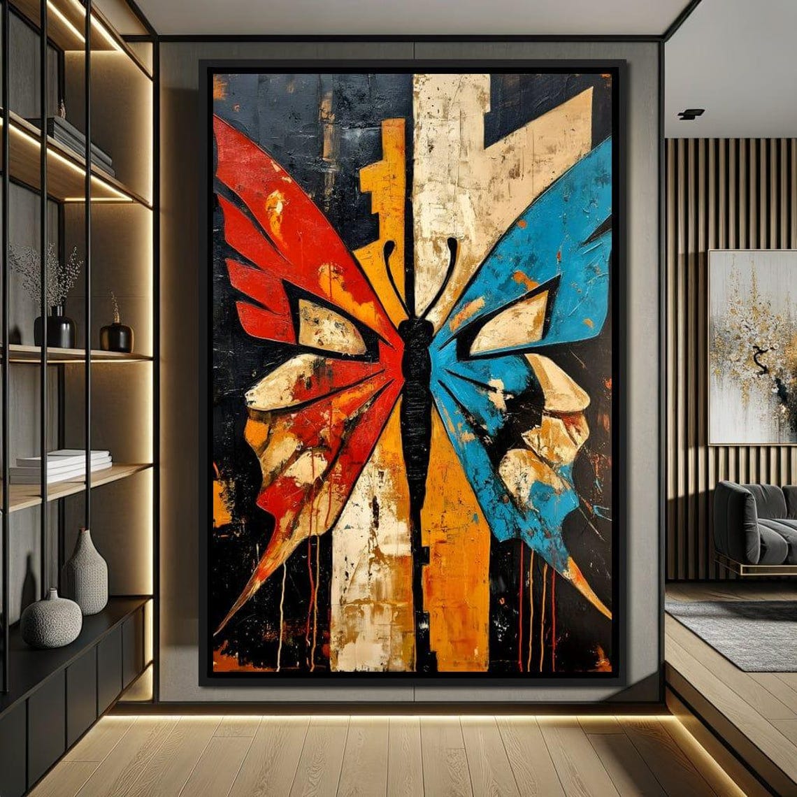 Abstract Butterfly Red Blue Wings Split Color Modern Art Print