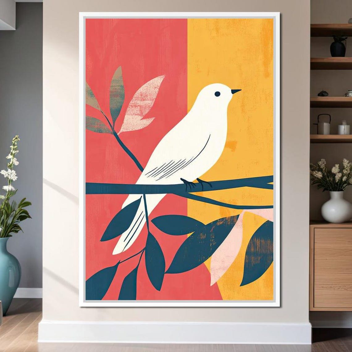White Bird on Branch Coral Yellow Mid Century Modern Nature Art Print - Image 4