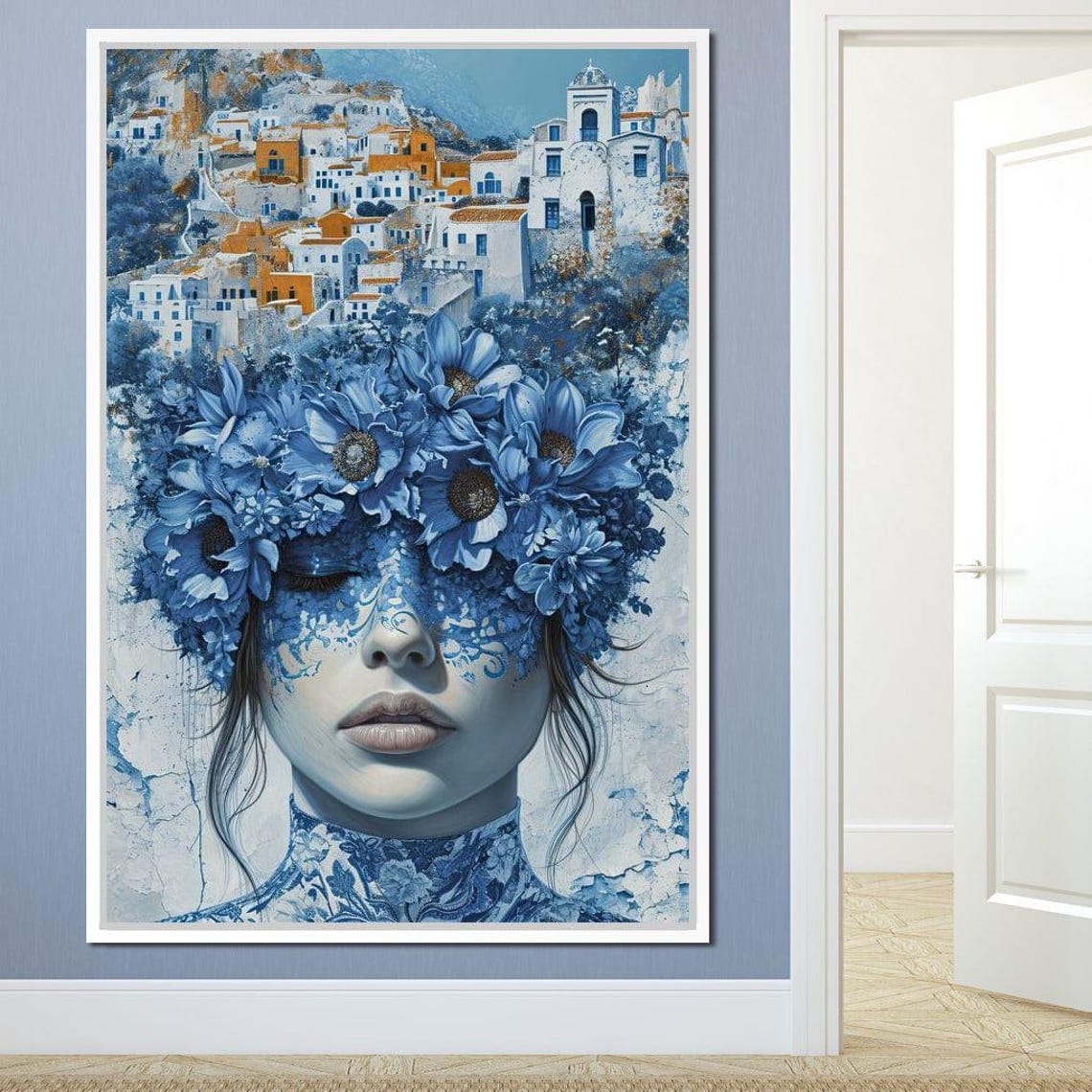 Blue Floral Woman Portrait White Mediterranean Village Art Print