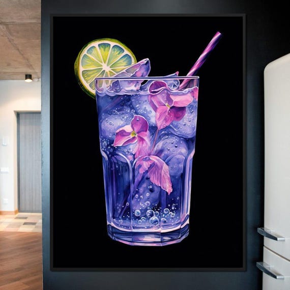 Butterfly Pea Flower Gin Tonic Floral Wall Art Cocktail Painting Home Bar Decor Purple Drink Art Kitchen Decor By Nichecanvas