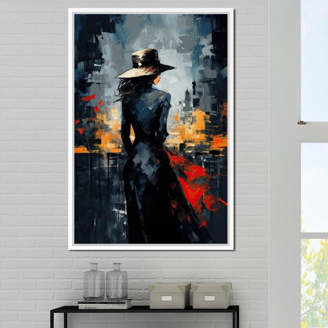 Night City Woman Dark Dress Fedora Monochrome Red Accents Art Print - Image 2