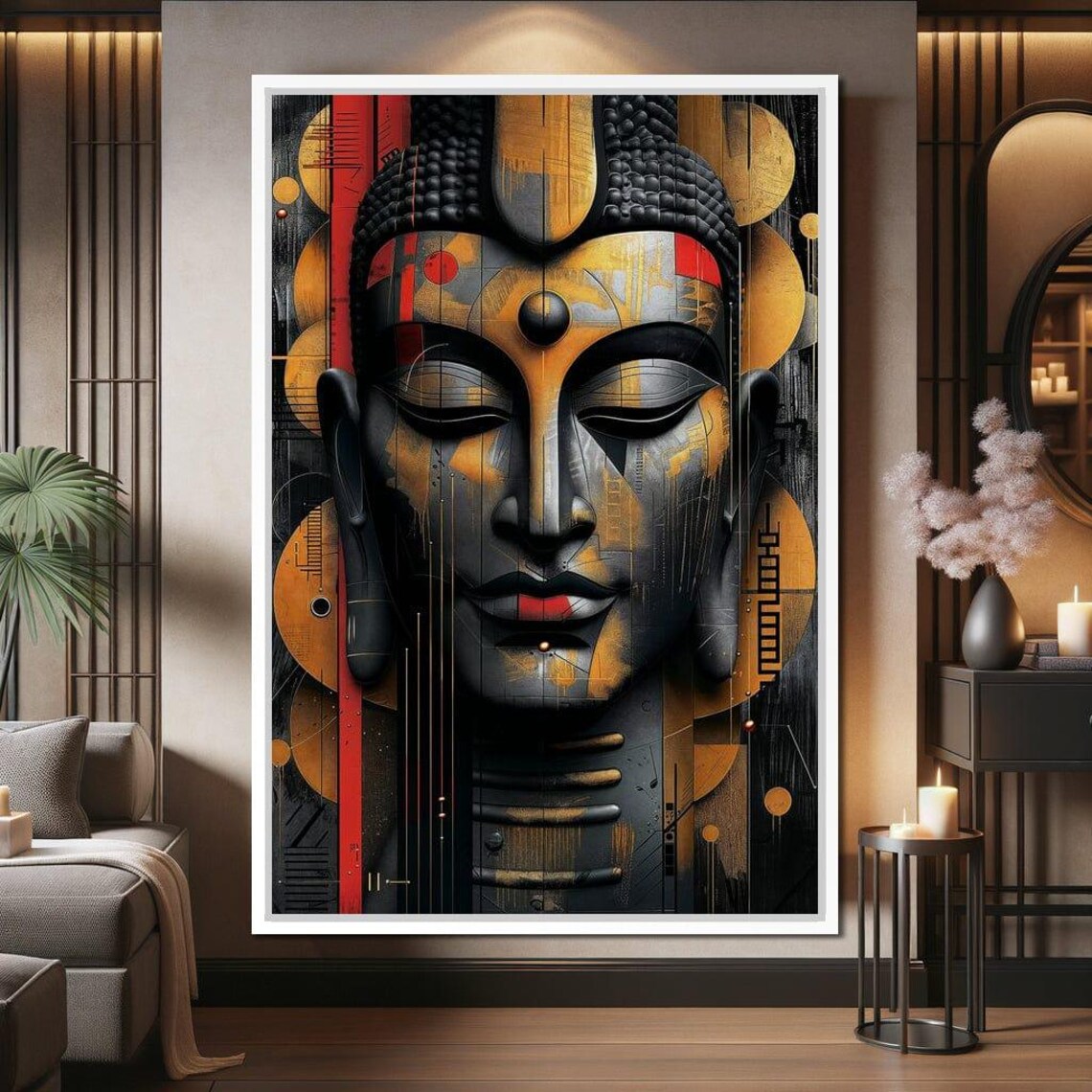 Geometric Buddha Face Gold Red Black Modern Zen Wall Art Poster - Image 2