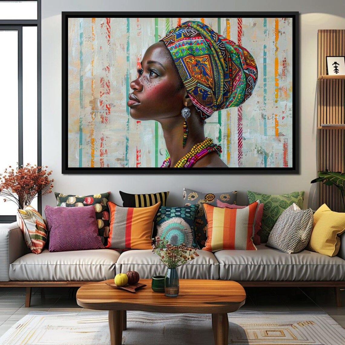 African Woman Colorful Headwrap Beaded Jewelry Portrait Wall Art - Image 3