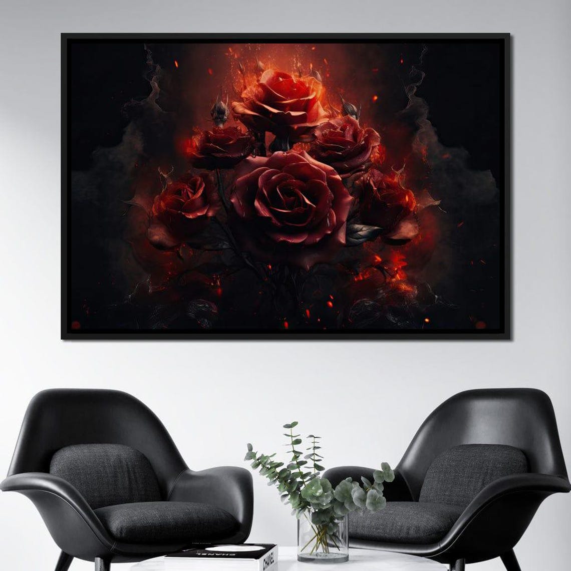 Fiery Red Roses Ember Glow Dark Moody Floral Wall Art Poster - Image 3