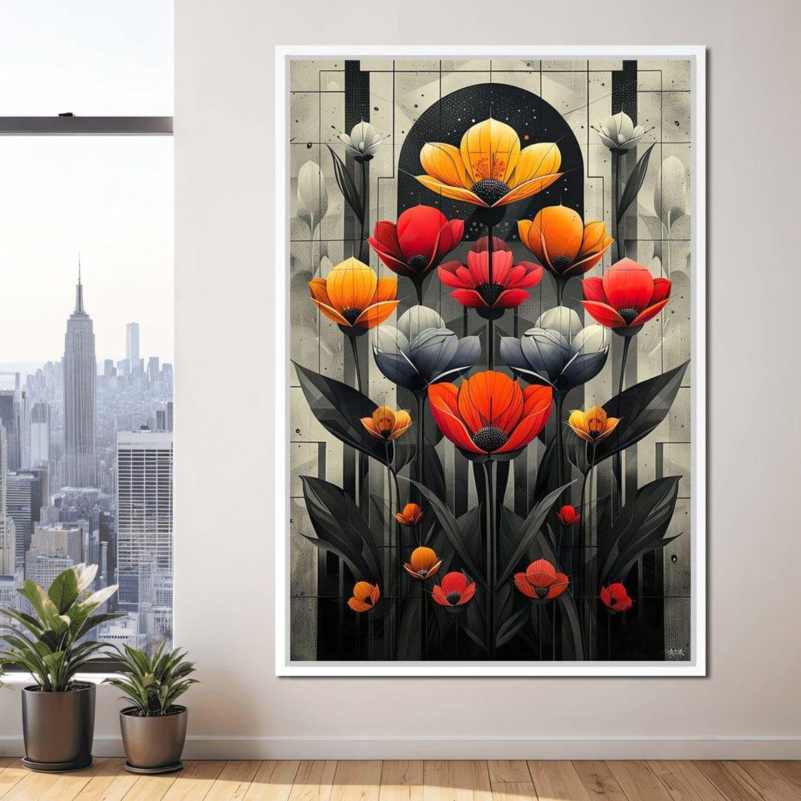 Vibrant Poppies Art Deco Floral Red Orange Gold Dark Wall Art - Image 2