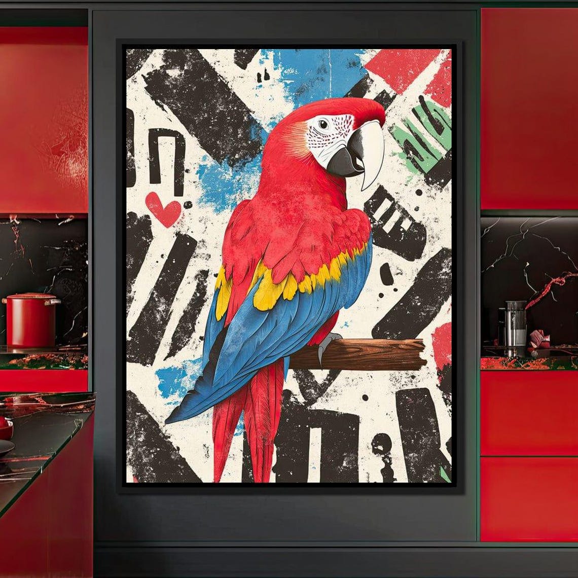 Scarlet Macaw Parrot On Bold Black Red Blue Abstract Pop Art Poster