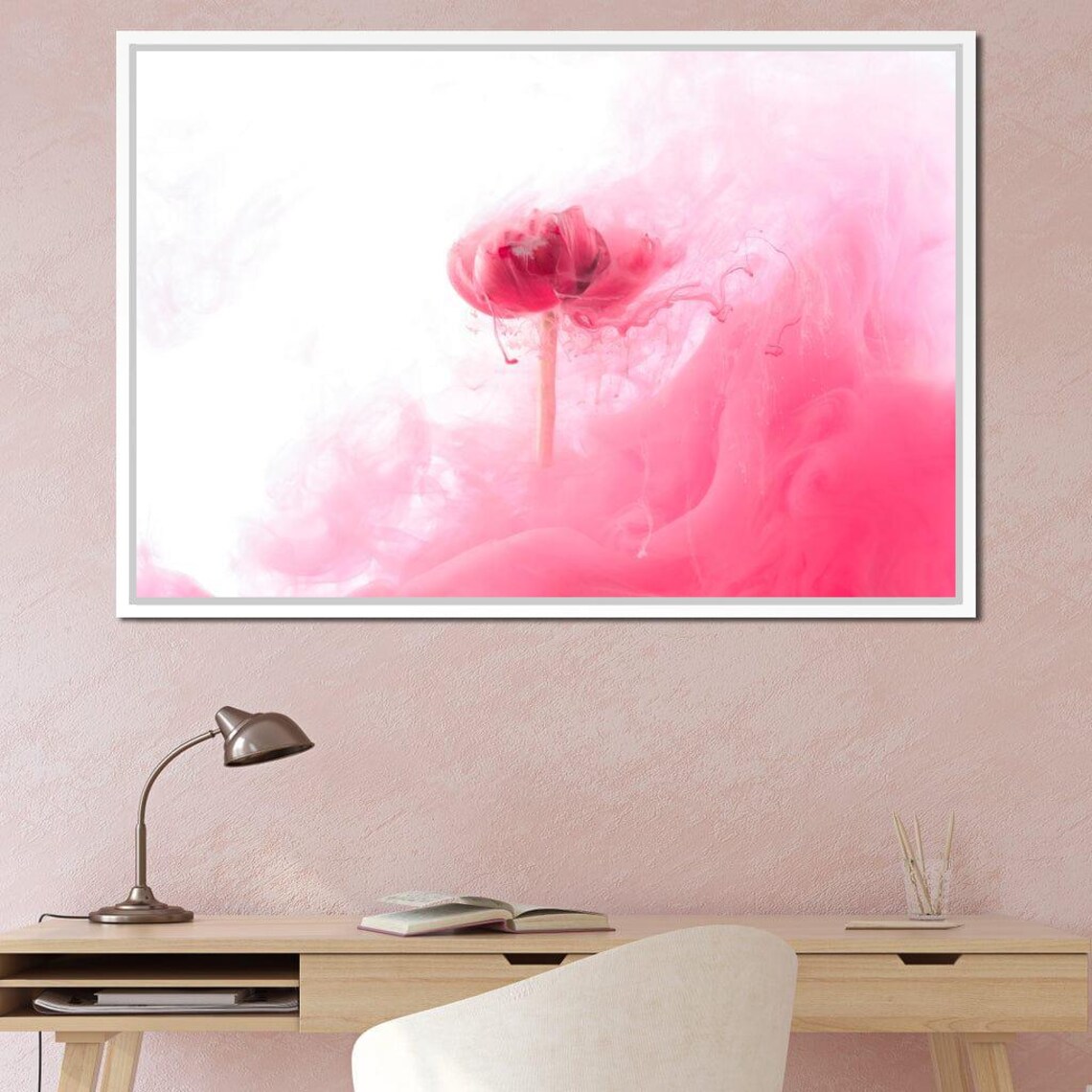 Pink Flower Dissolving Ink Smoke Dreamy Minimalist Floral Art Poster