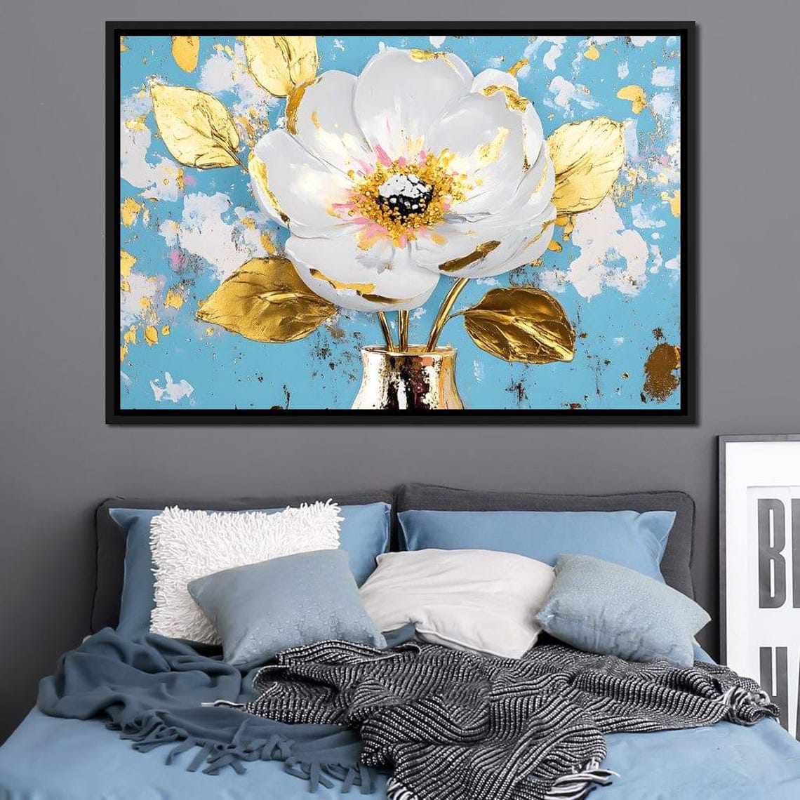 White Flower With Golden Leaves On A Bright Turquoise Poster - Image 3