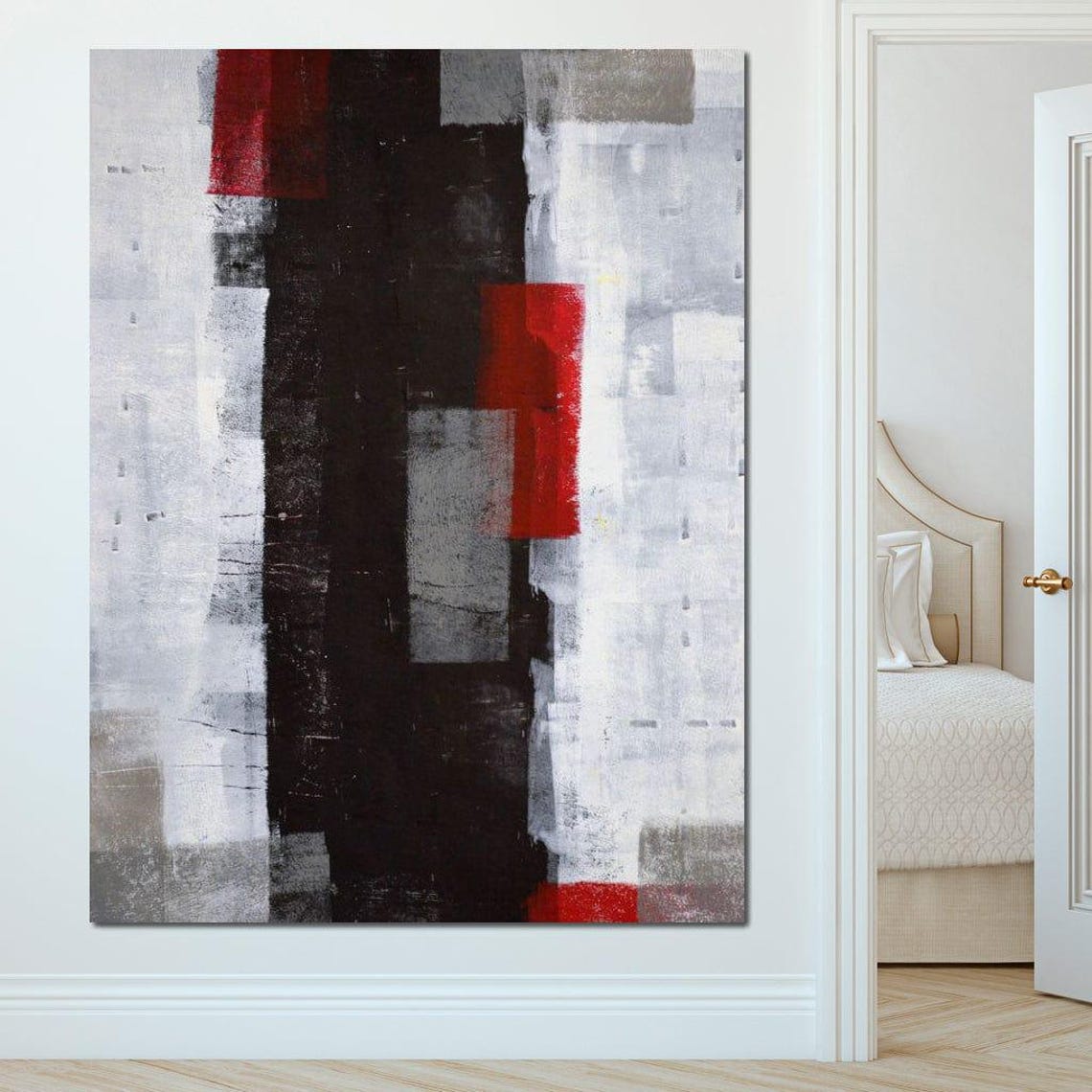 Black White Grey Red Accent Geometric Abstract Framed Wall Art - Image 3