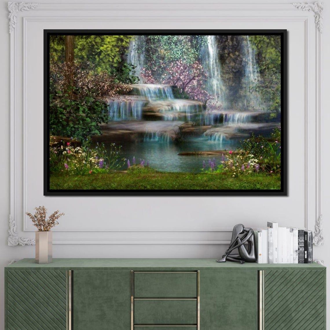 Forest Waterfall Painting Tranquil Cascading Falls Garden Wall Art