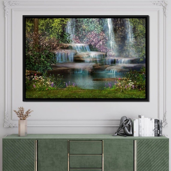 Fairy Cascade Waterfall Art Enchanted Forest Wall Art Serene Waterfall Painting Tranquil Nature Scene Decor By Nichecanvas