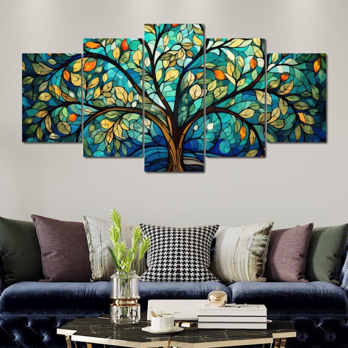 Stained Glass Tree of Life Teal Blue Orange Five Panel Wall Art Print