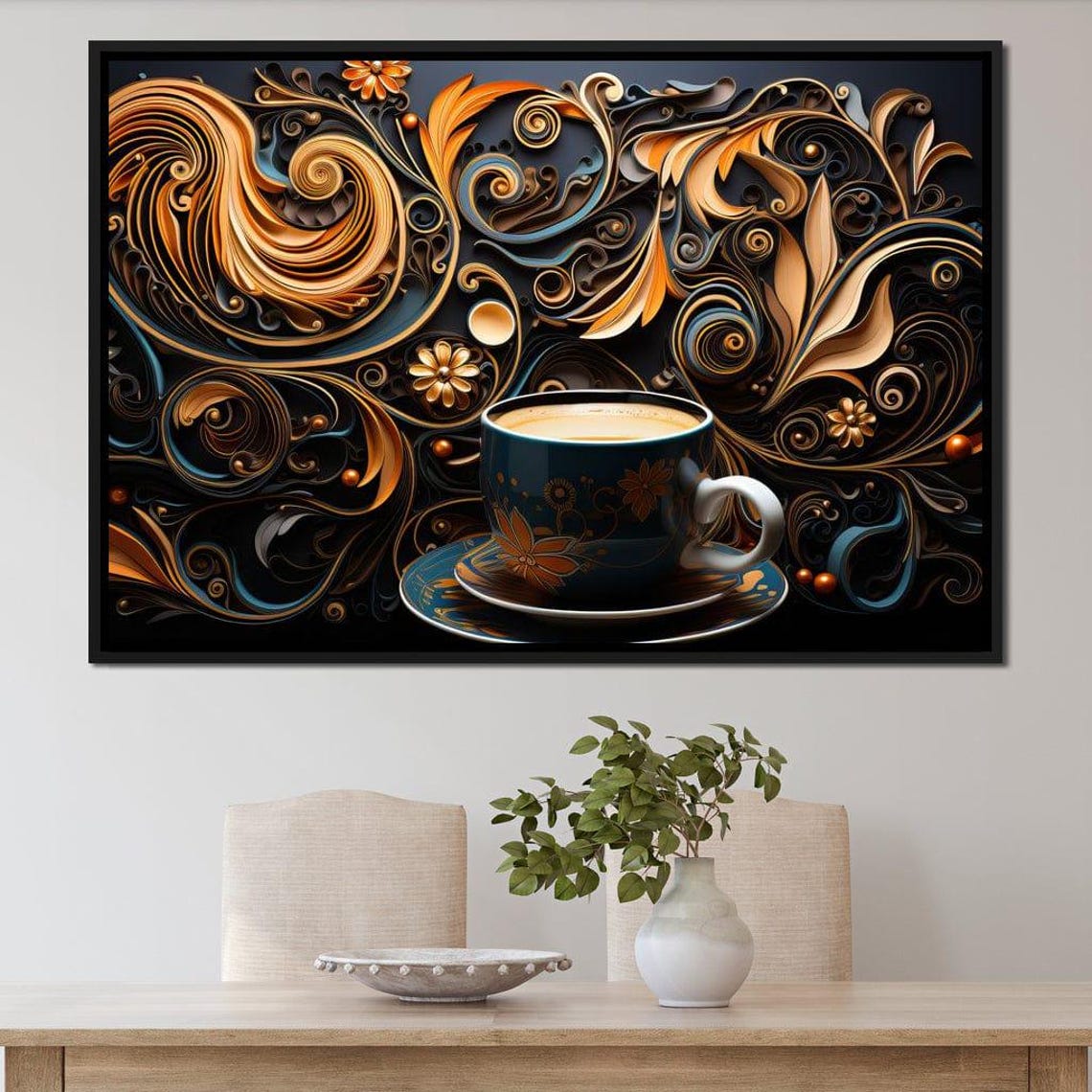 Ornate Coffee Cup Golden Swirl Black Background Kitchen Decor Poster - Image 2