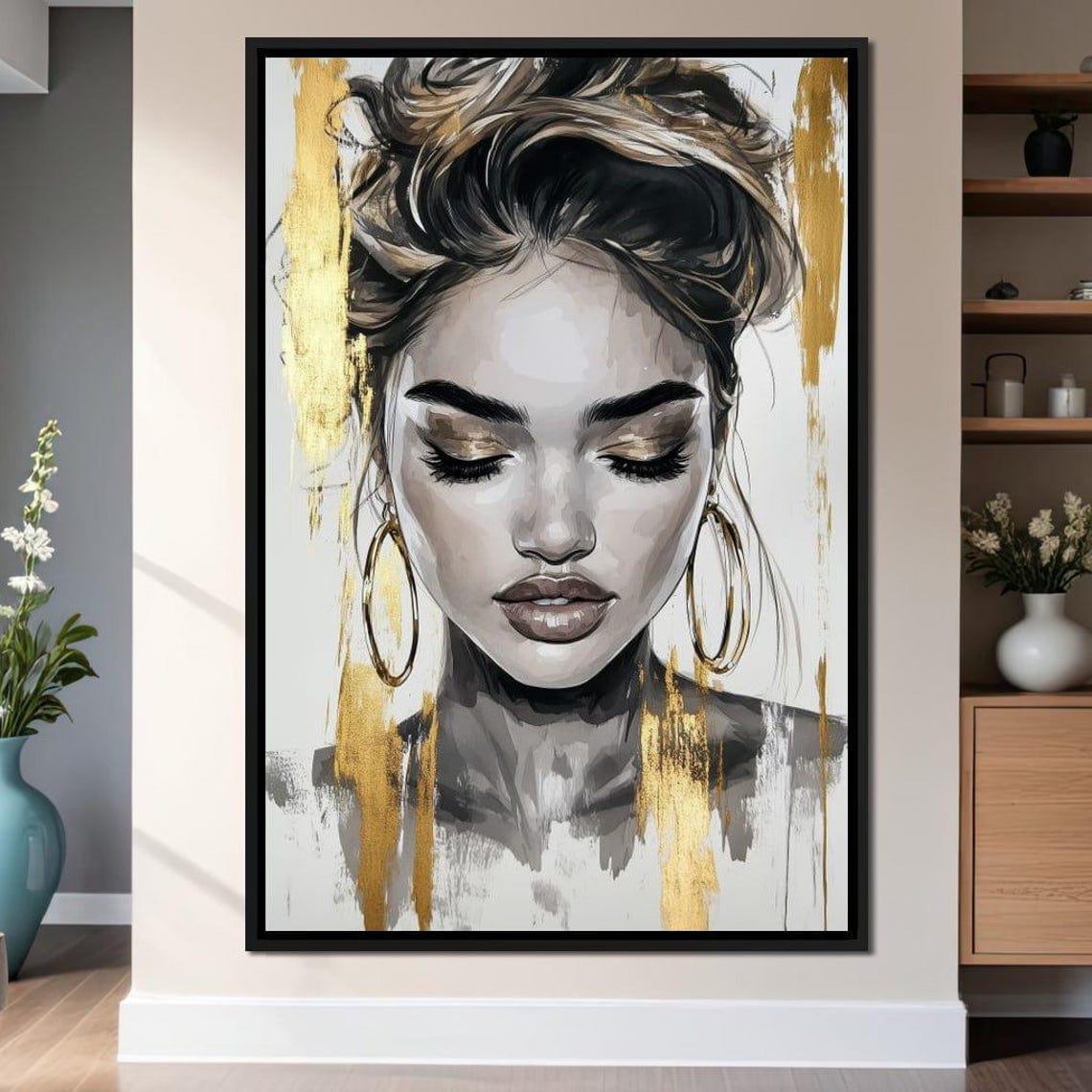 Golden Brushstroke Woman Portrait With Hoop Earrings Modern Art Poster