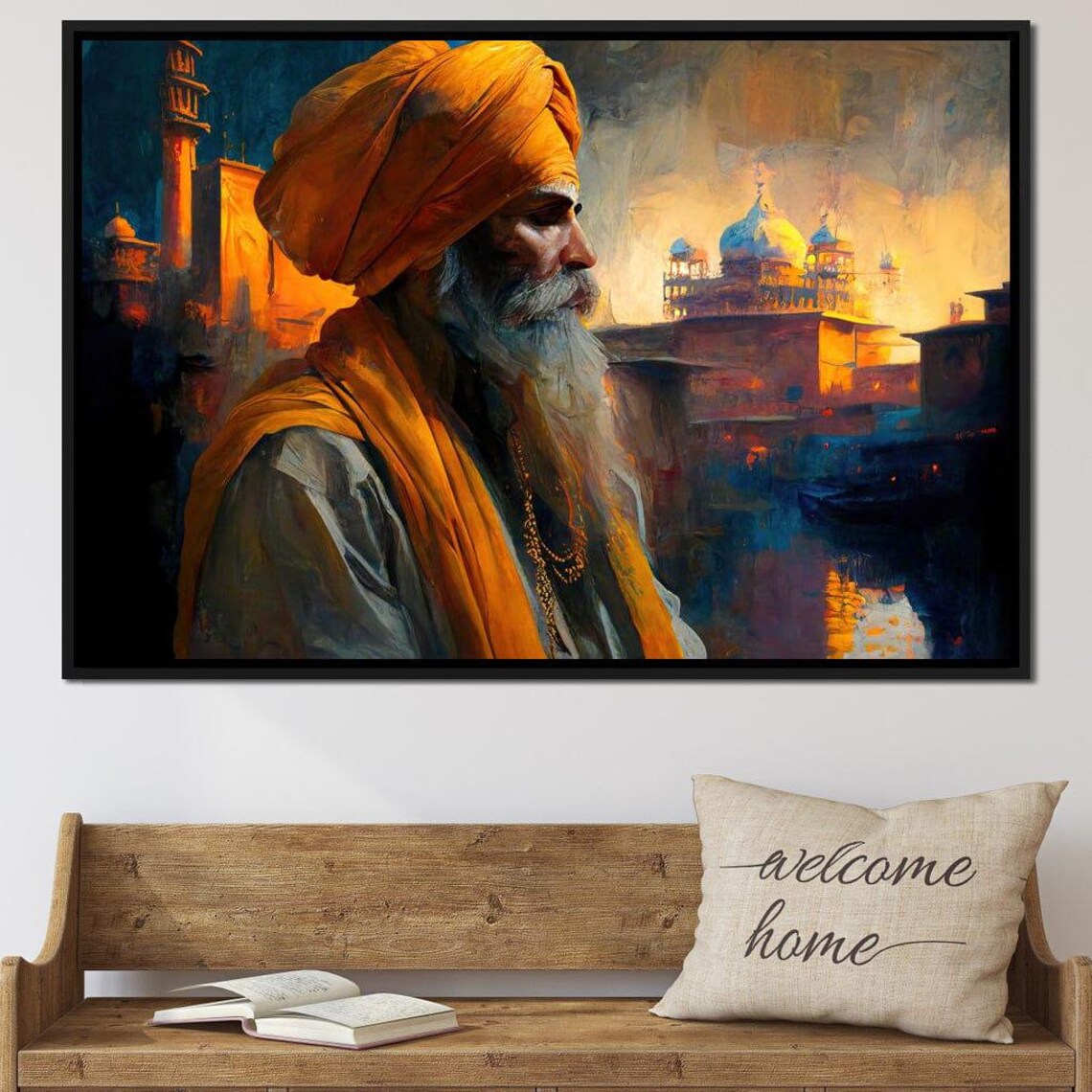 Sikh Elder Orange Turban Golden Temple Painting Spiritual Cultural Art Poster