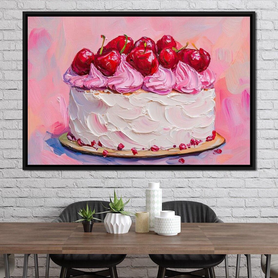 Cherry Cake Pink Cream Impasto Oil Painting Sweet Dessert Decor Poster - Image 2