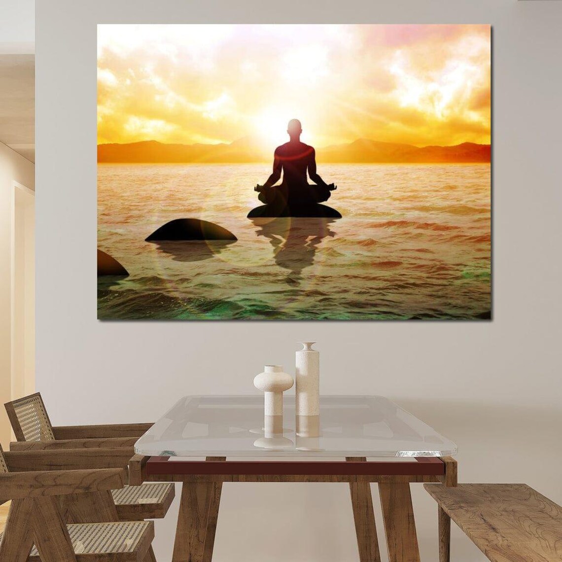 Meditating Silhouette Ocean Sunrise Yoga Spiritual Calm Art Poster - Image 3