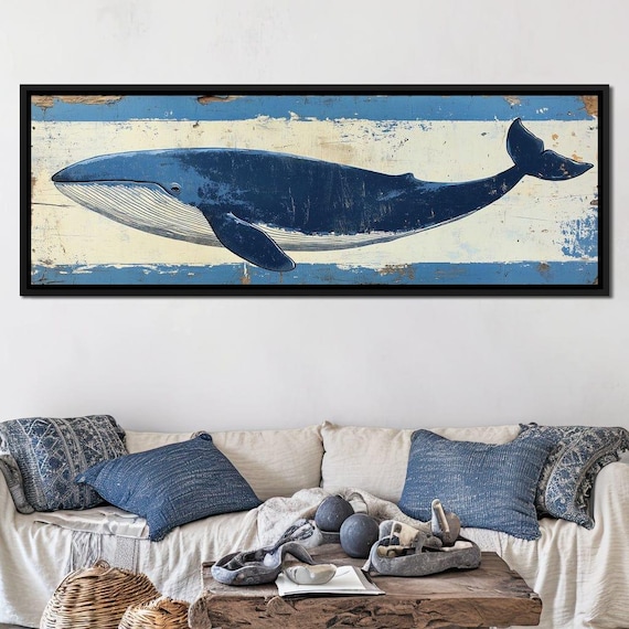Blue Whale Vintage Nautical Distressed Wood Plank Coastal Ocean Wall Art