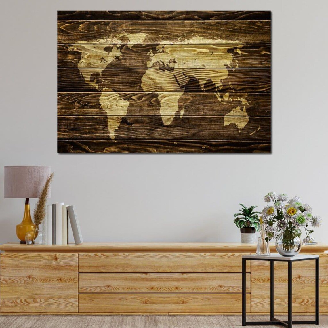 World Map on Oak Planks, Rustic Global Map Art