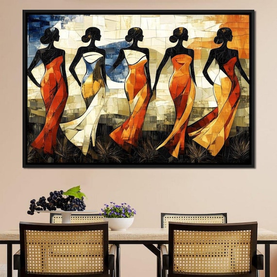 Five Dancing Women Mosaic Style Silhouette Figures Wall Poster