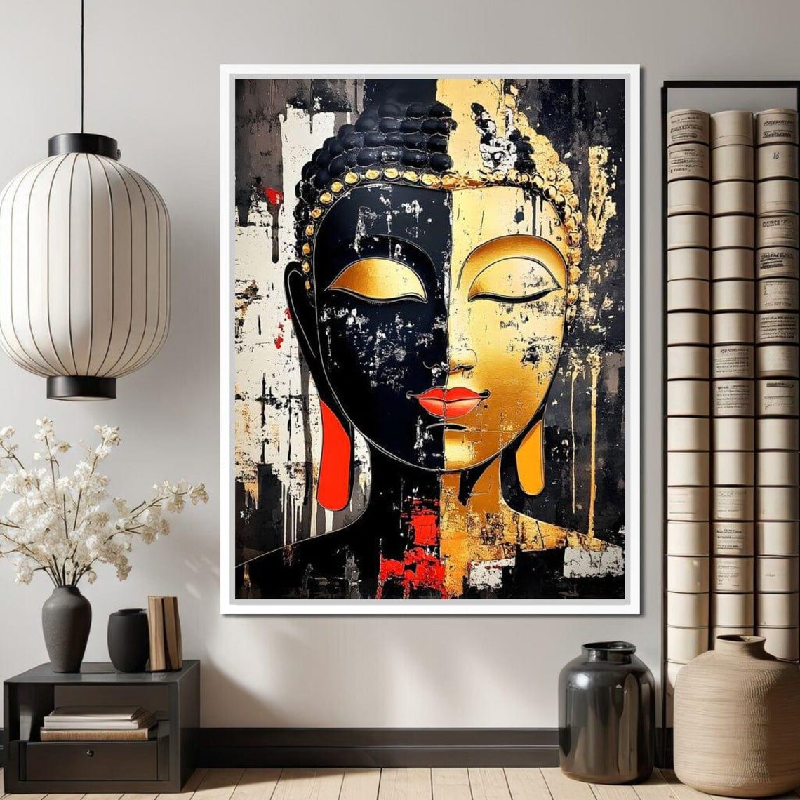 Black Gold Split Face Buddha Zen Abstract Red Lips Spiritual Wall Art Print - Image 3