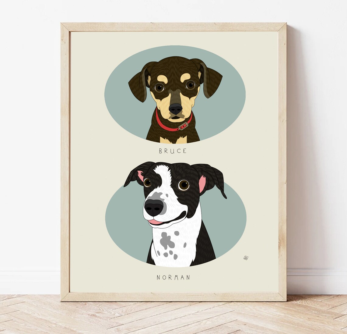 Custom Two Pet Portraits, Oval Frame Memorial Art Print - Image 4