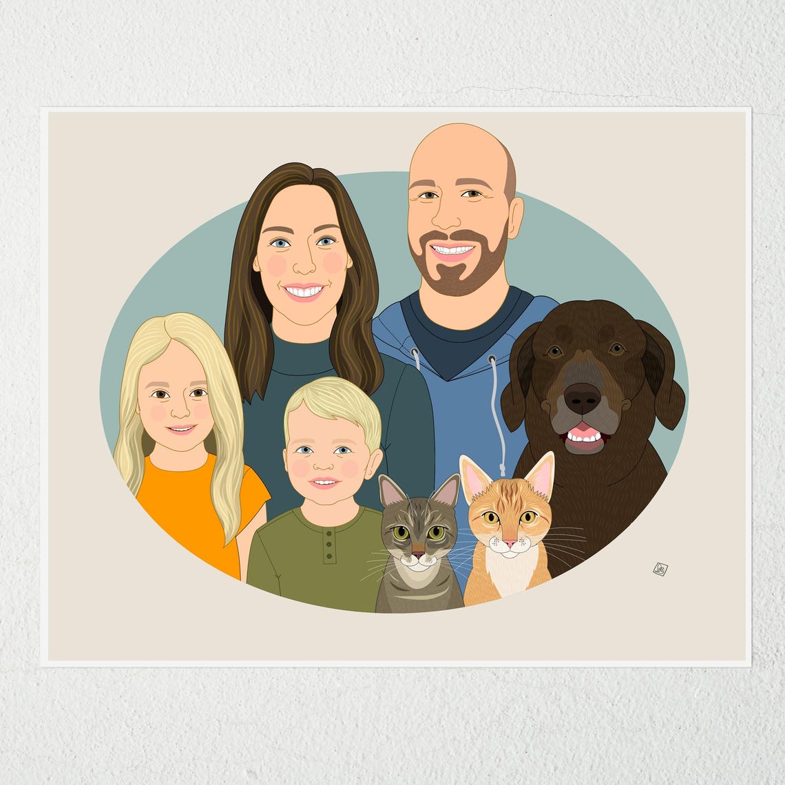 Family of Five Modern Custom Illustrated Family Portrait Poster - Image 6