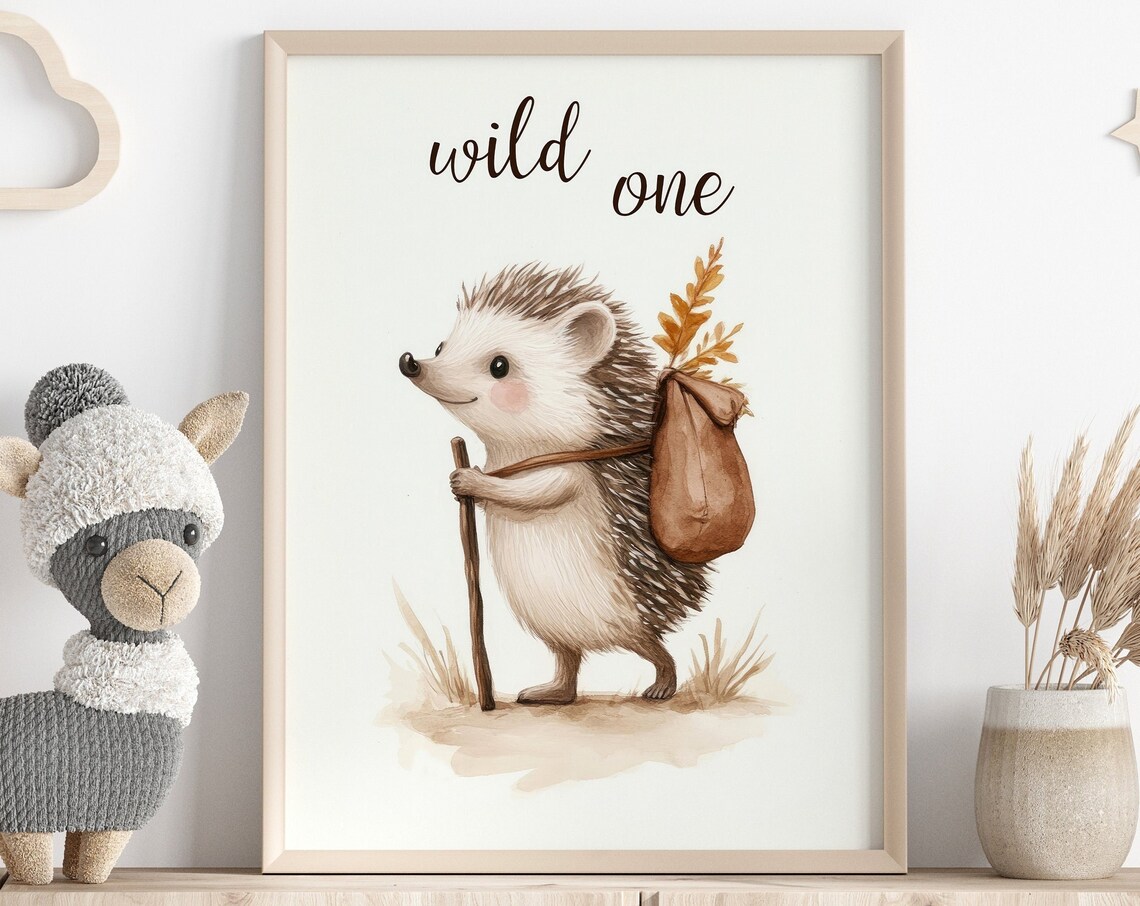 Wild One Hedgehog Hiker With Backpack Cute Watercolor Nursery Poster