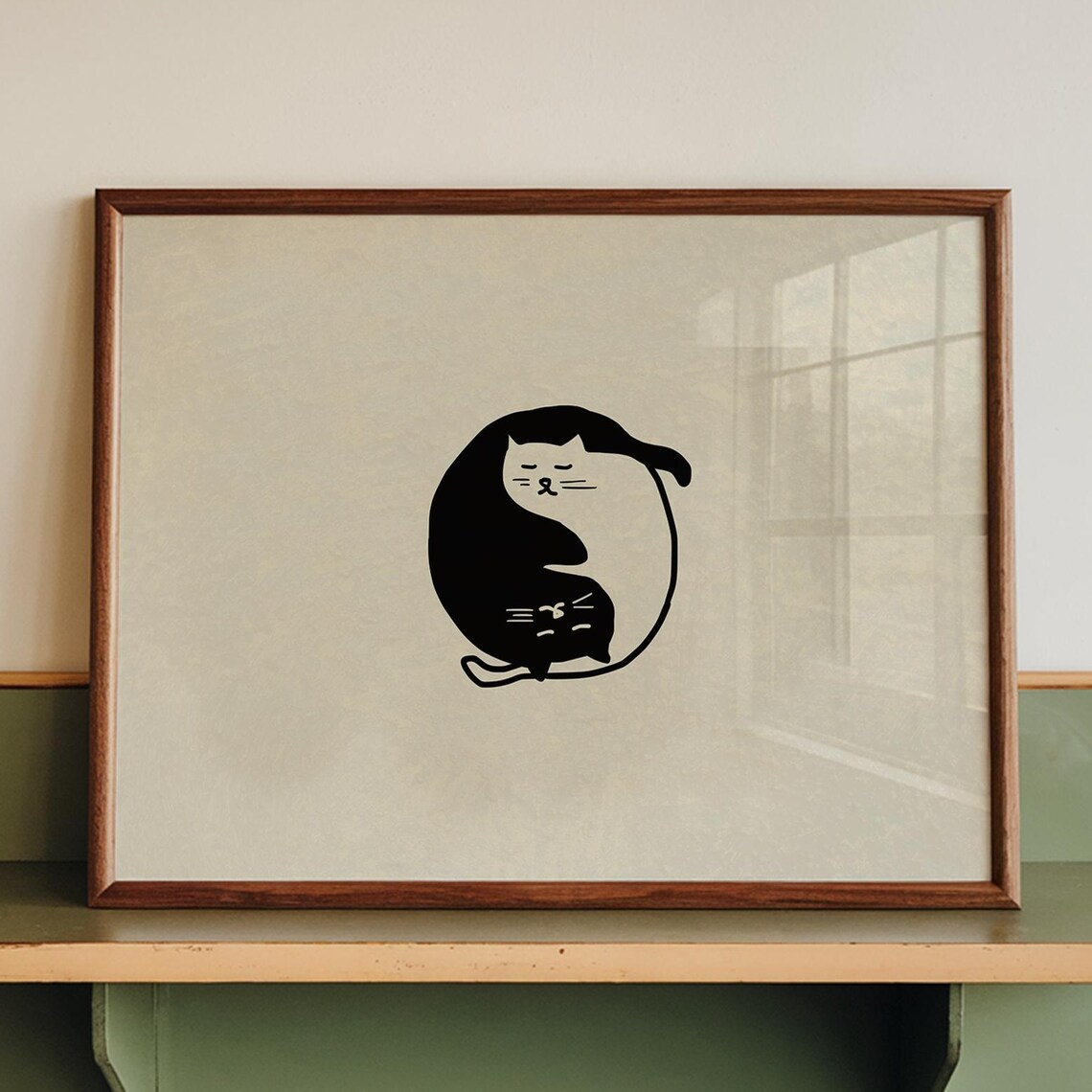 Yin Yang Cats Handdrawn Black White Minimalist Neutral Art Poster