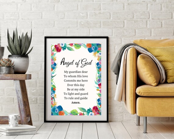 Angel Of God Guardian Prayer Watercolor Floral Christian Nursery Wall Art Poster