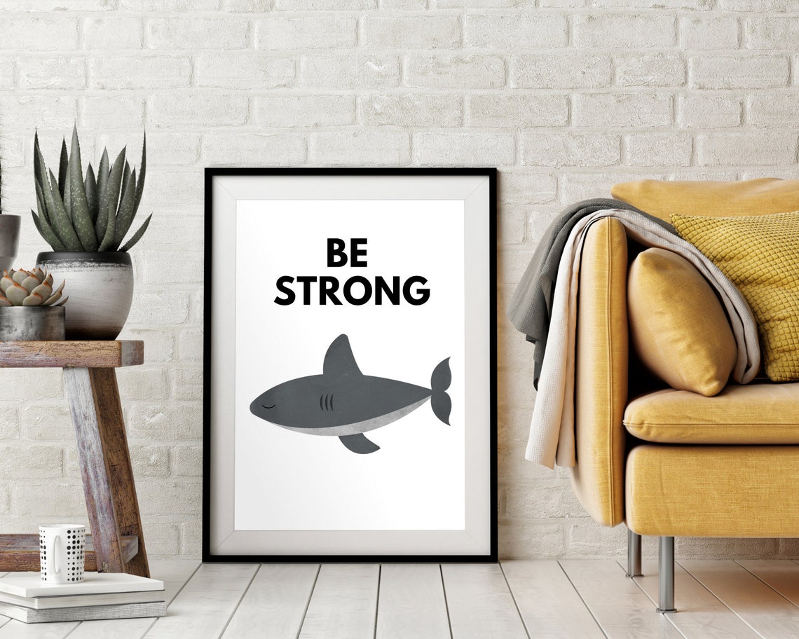 Be Strong Friendly Gray Watercolor Shark Nursery Affirmation Poster - Image 2