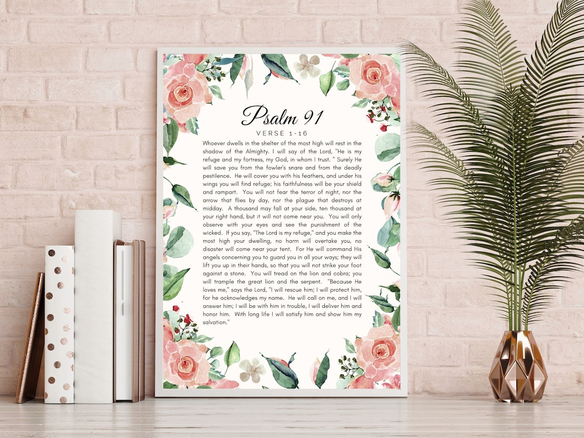 Psalm 91, Pink Blush Floral Margin Poster Print - Image 2