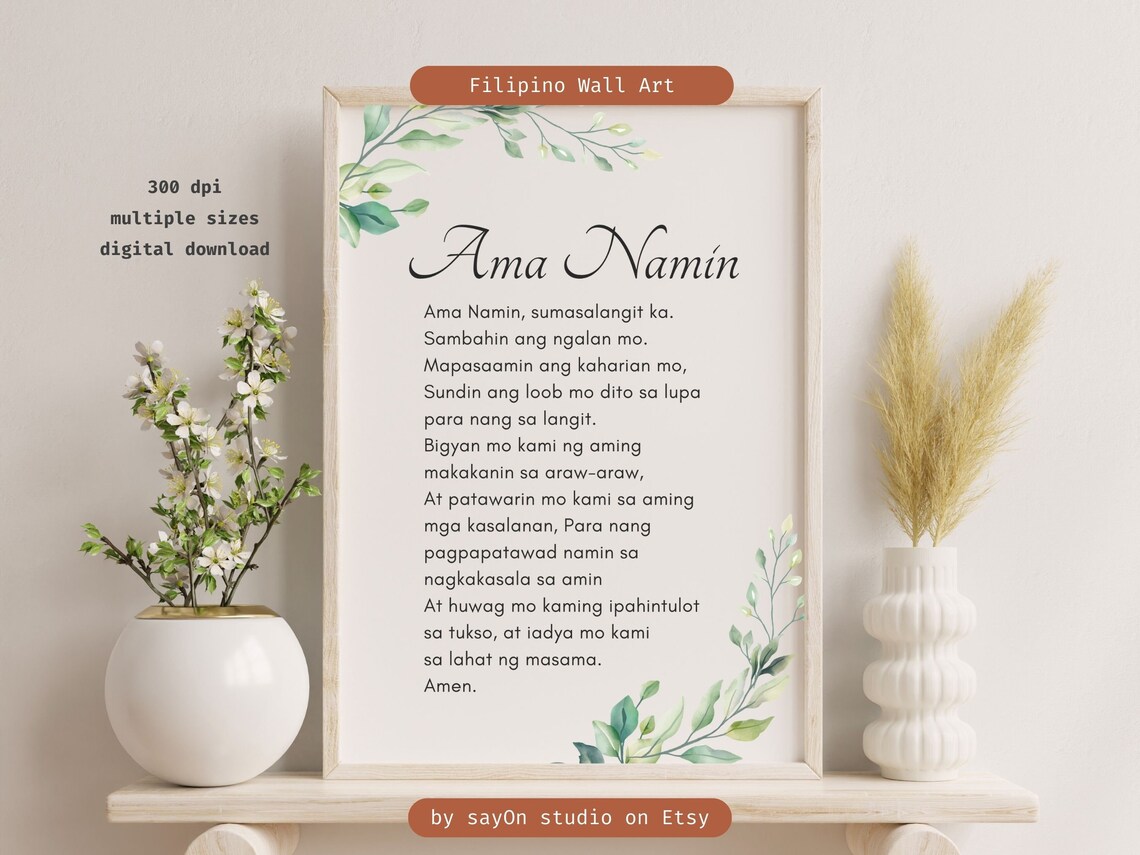 Ama Namin Prayer in Tagalog, Botanical Art Print