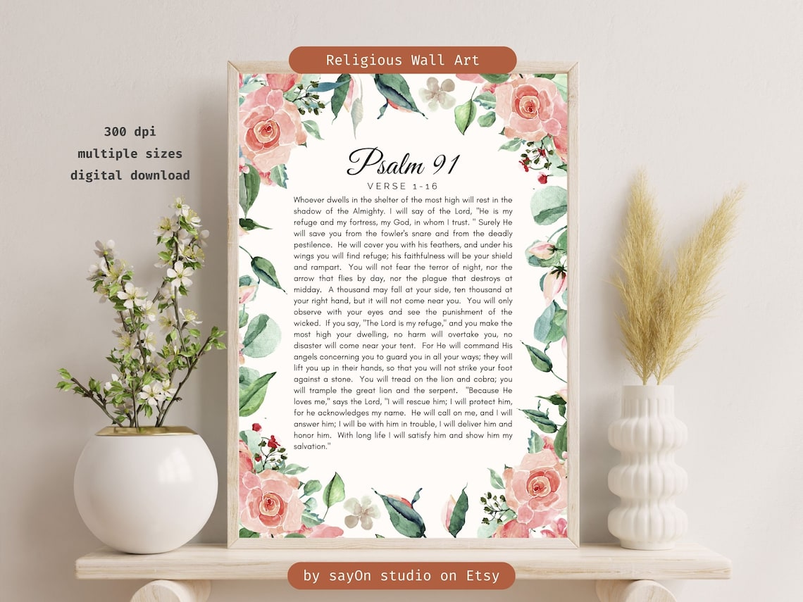 Psalm 91, Pink Blush Floral Margin Poster Print - Image 4